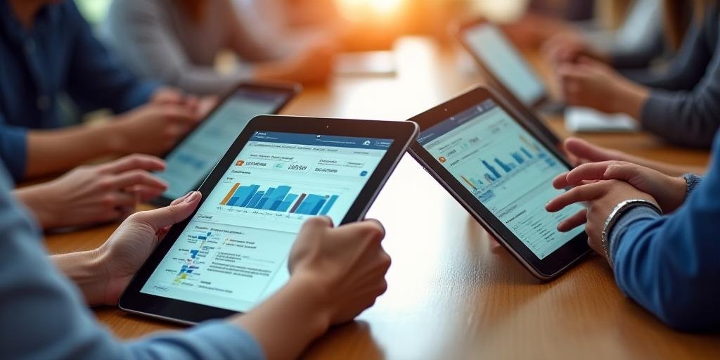 Strategic planning session with stakeholders and data visuals